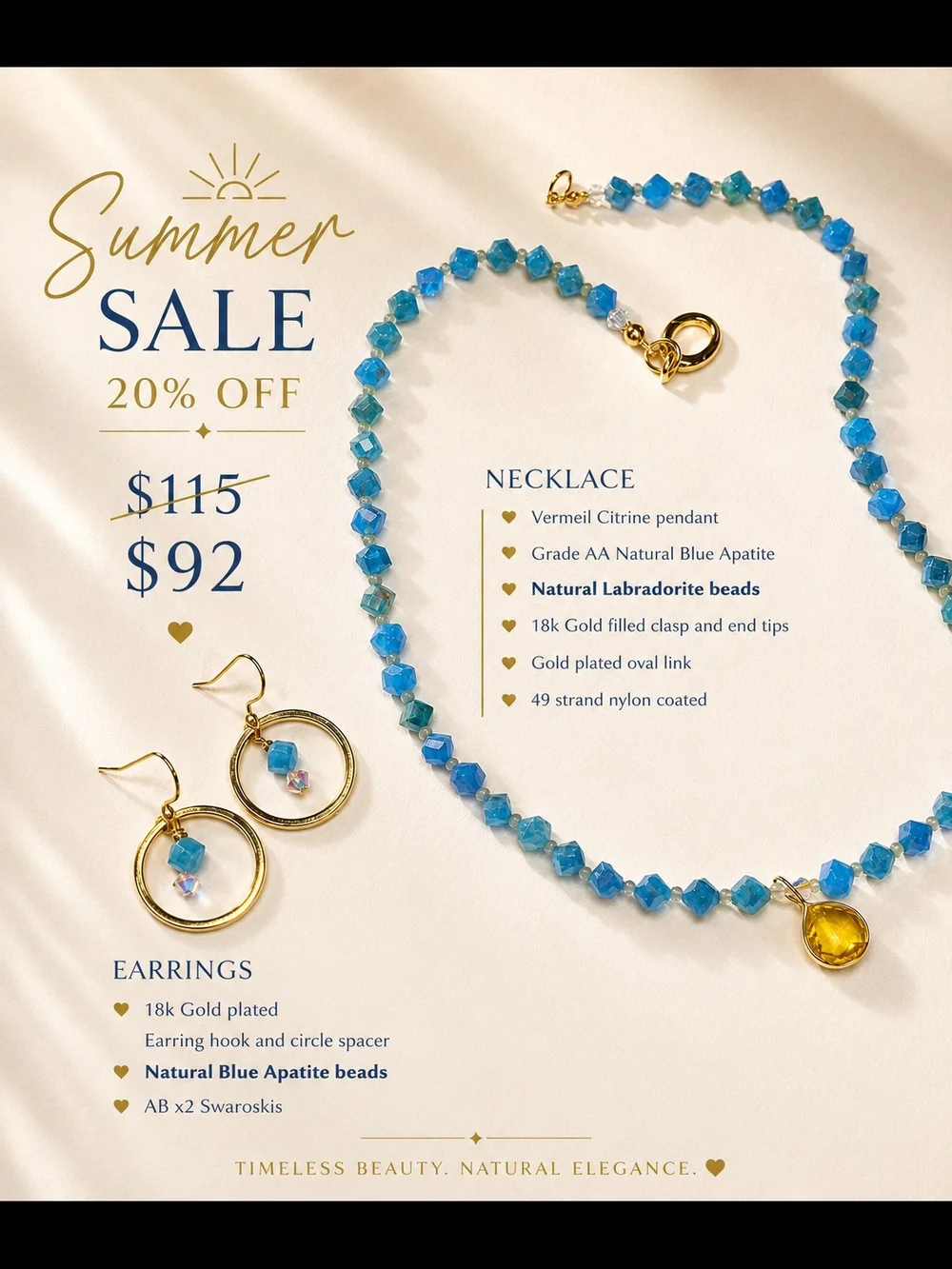 Blue Apatite and Labradorite Gold Necklace with Citrine Pendant